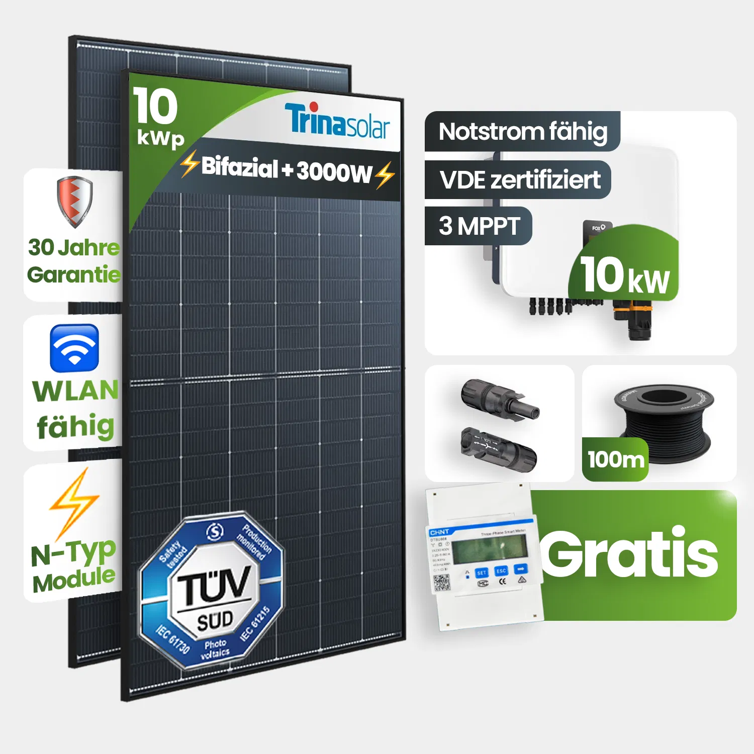 10 kWp FoxEss PV-Anlage 23x Trina 435Wp Bifazial Black Frame Notstromfähig Speicher erweiterbar 10 kWp FoxEss PV-Anlage 23x Trina 435Wp Bifazial Black Frame Notstromfähig Speicher erweiterbar