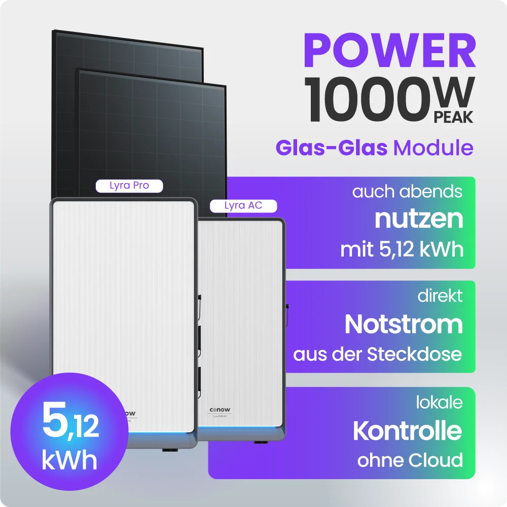 Tepto 1000W Balkonkraftwerk MaxPower mit 5,12 kWh Speicher Conow Lyra Pro + AC