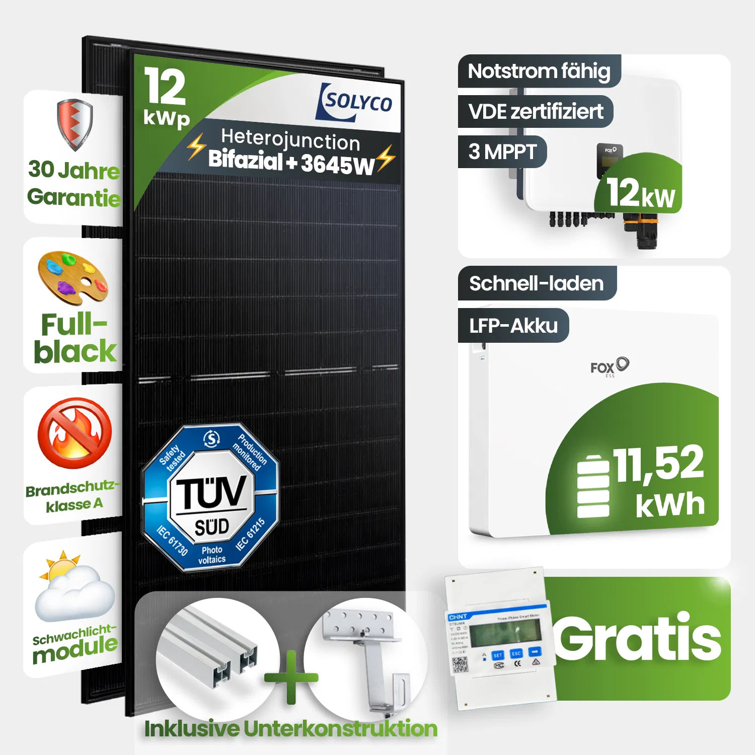 12 kWp FoxEss PV-Anlage 27x Solyco 450Wp HJT Bifazial Fullblack 11,52kWh Speicher inkl. Smart Meter 12 kWp FoxEss PV-Anlage 27x Solyco 450Wp HJT Bifazial Fullblack 11,52kWh Speicher inkl. Smart Meter