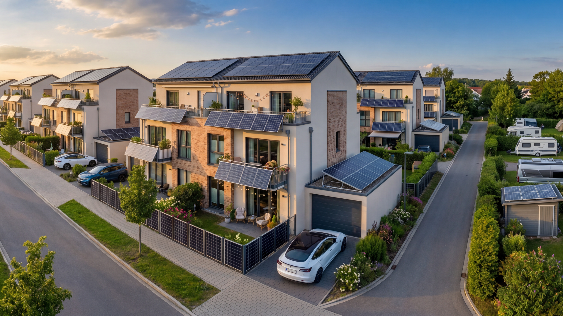 Solarmodule, Wohnkomplex, Moderne Häuser, Dachsolaranlage, Elektroauto