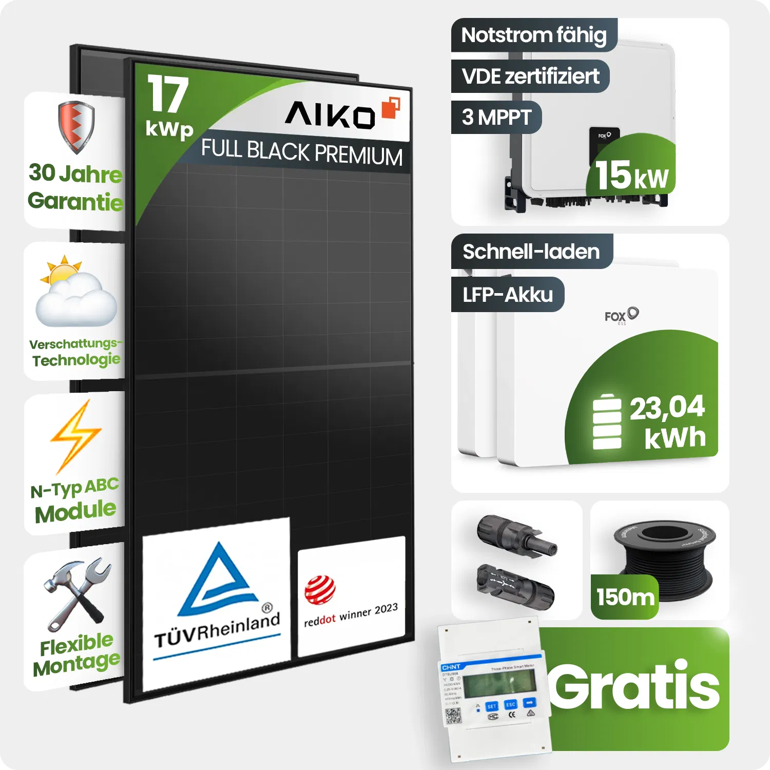 17 kWp PV-Anlage 37x Aiko 460Wp Fullblack Glas-Glas 23,04kWh Speicher - Notstromfähig