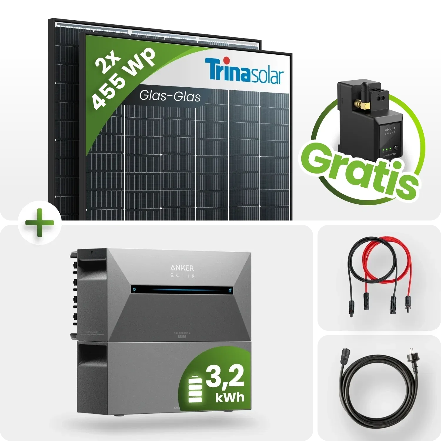 910Wp Balkonkraftwerk 3,2kWh Speicher Anker Solarbank 2 – 2x455Wp Trina Black Frame