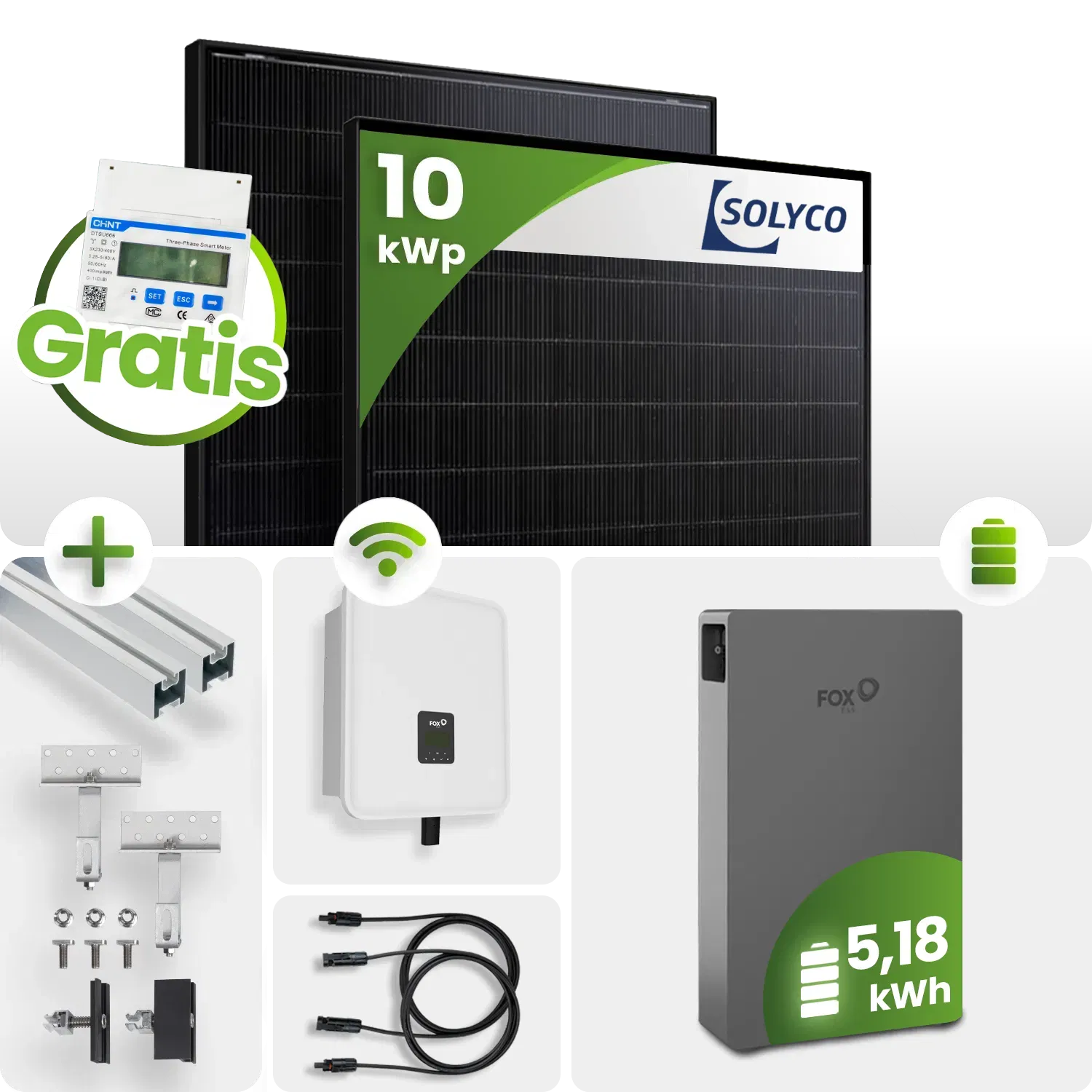 10 kWp FoxEss PV-Anlage 22x Solyco 445Wp HJT Bifazial Fullblack 5kWh Speicher inkl. Smart Meter 10 kWp FoxEss PV-Anlage 22x Solyco 445Wp HJT Bifazial Fullblack 5kWh Speicher inkl. Smart Meter