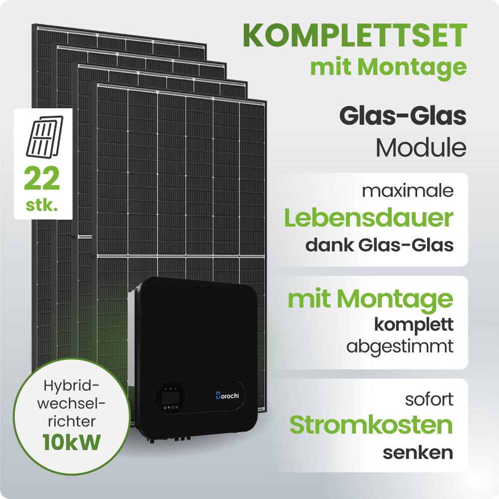 Solarmodule, Glas-Glas, Hybrid-Wechselrichter, 10 kW, Stromkosten