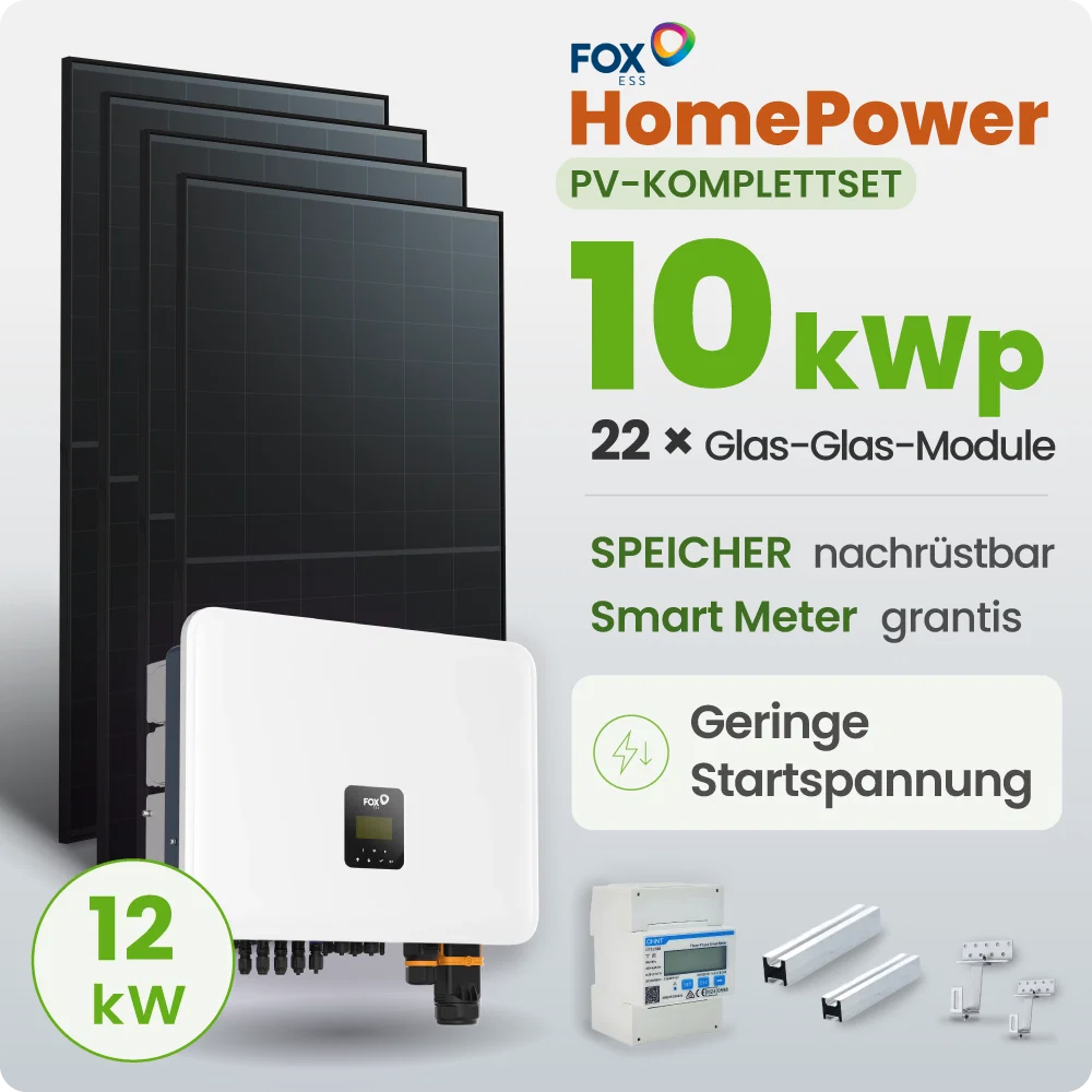 10 kWp FoxEss PV-Anlage 22x 460Wp Glas-Glas Fullblack inkl. Smart Meter Notstromfähig - Speicher erweiterbar