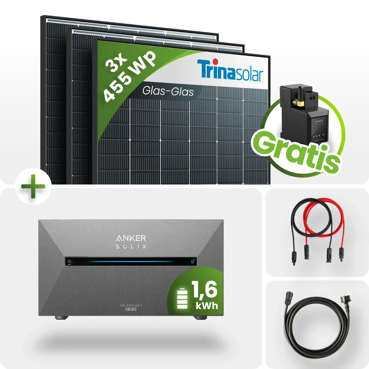 1365Wp Balkonkraftwerk 1,6kWh Speicher Anker Solarbank 2 –3x455Wp Trina Black Frame