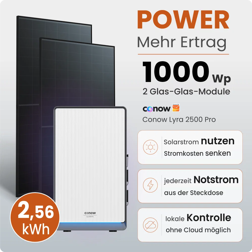 Tepto 1000W Balkonkraftwerk Power mit 2,56 kWh Speicher Conow Lyra by Tuya Smart
