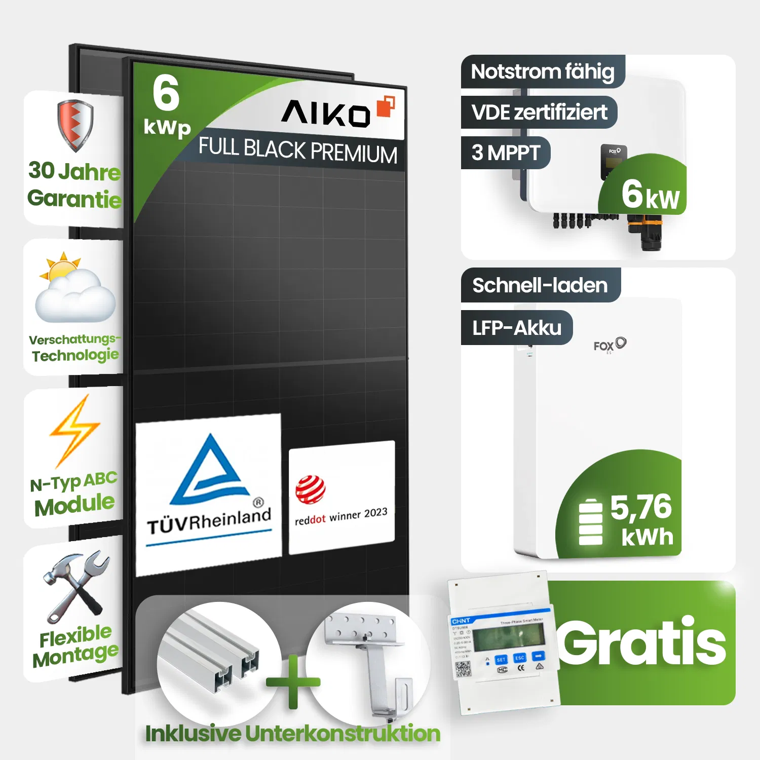 6kWp FoxEss PV-Anlage 13x Aiko 460Wp Glas-Glas Fullblack Schrägdachmontage 5,76kWh Speicher inkl. Smart Meter 6kWp FoxEss PV-Anlage 13x Aiko 460Wp Glas-Glas Fullblack Schrägdachmontage 5,76kWh Speicher inkl. Smart Meter
