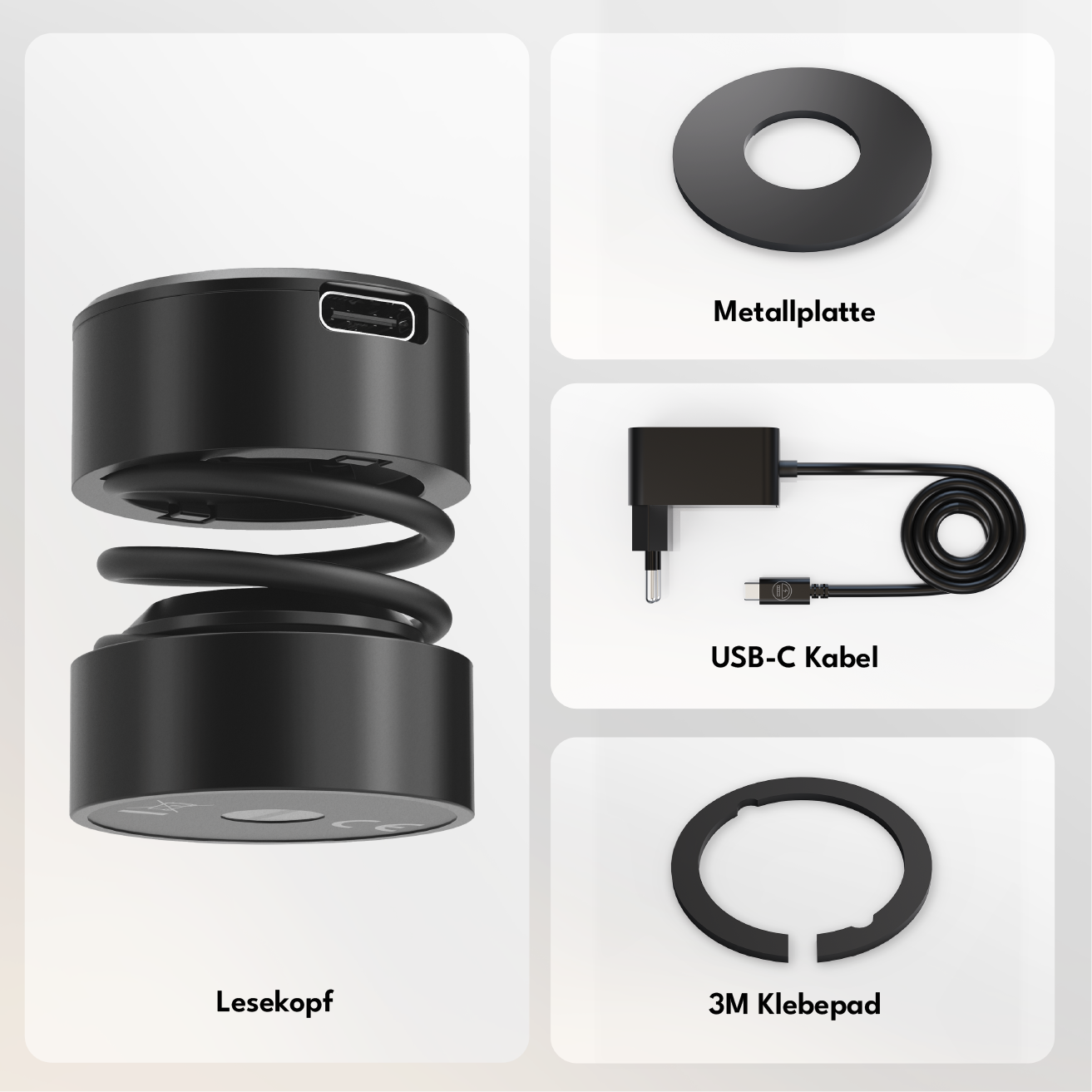 Lesekopf, schwarz, USB-C-Anschluss, Metallplatte, 3M-Klebepad