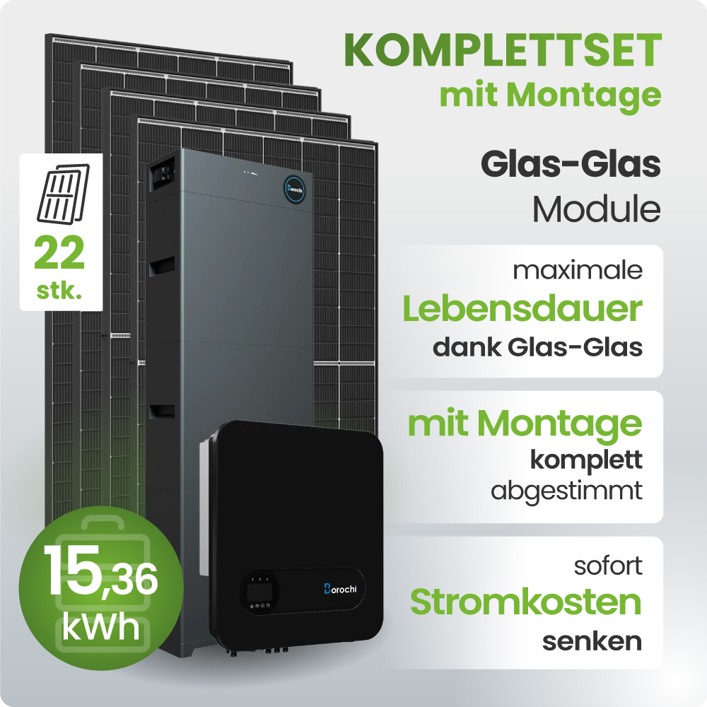 Stromspeicher, Solarmodule, Glas-Glas-Modul, Batterie-Inverter, Kapazität 15,36 kWh