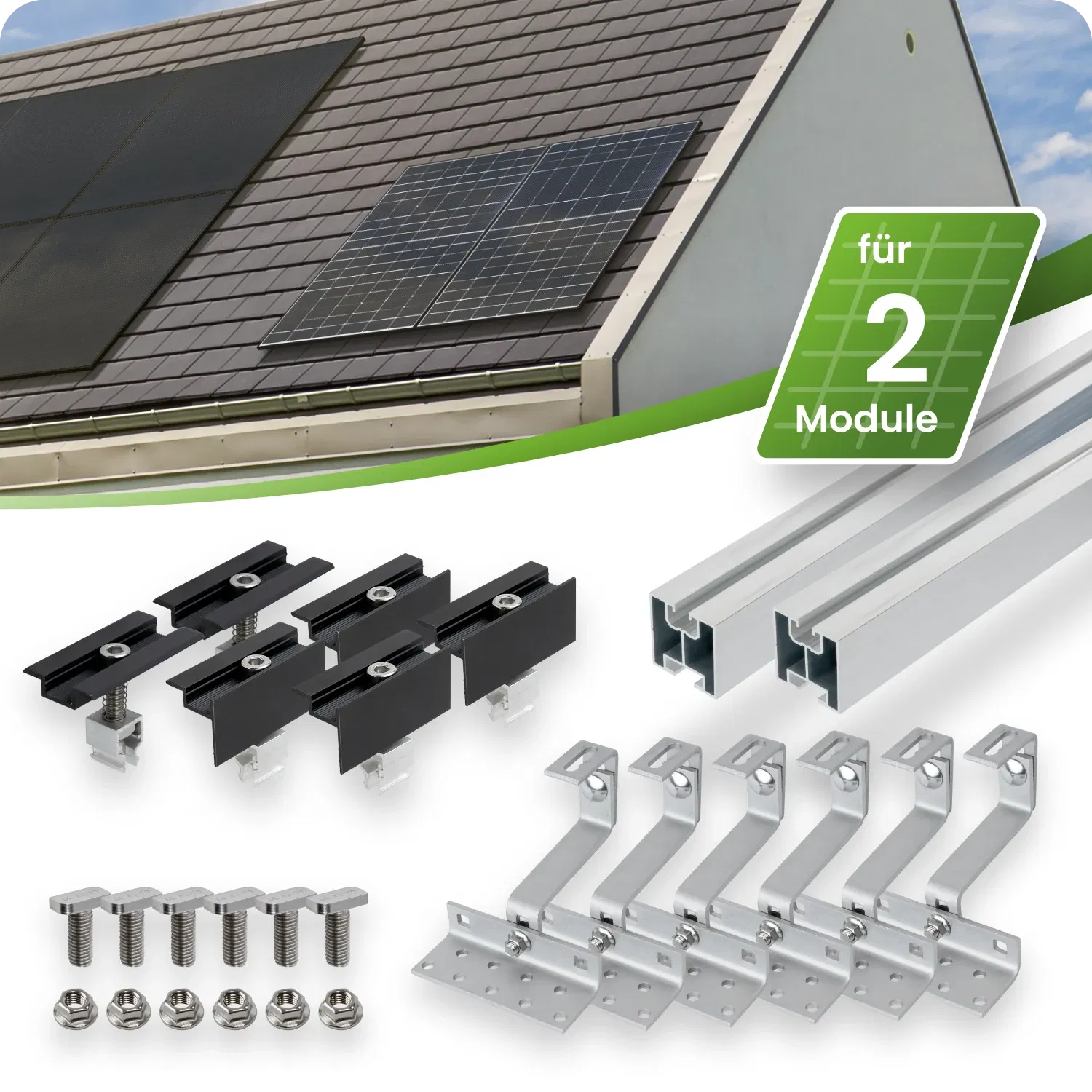 SILBERNES Schrägdach Montageset für 2 Module senkrechte Montage Photovoltaik Balkonkraftwerk - 30mm SILBERNES Schrägdach Montageset für 2 Module senkrechte Montage Photovoltaik Balkonkraftwerk - 30mm