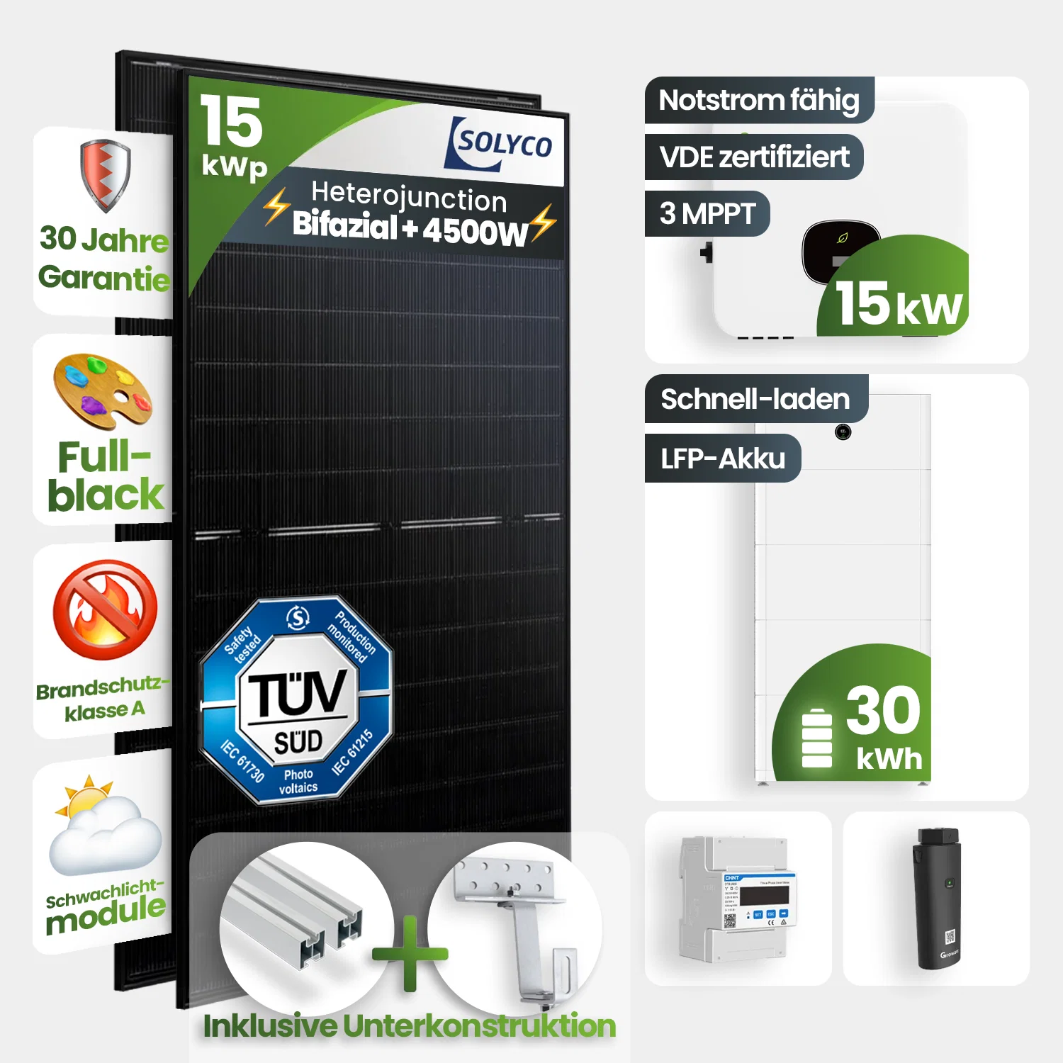 15 kWp Growatt PV-Anlage 30x Solyco 500Wp Glas-Glas Bifazial Fulblack mit 30kWh Speicher