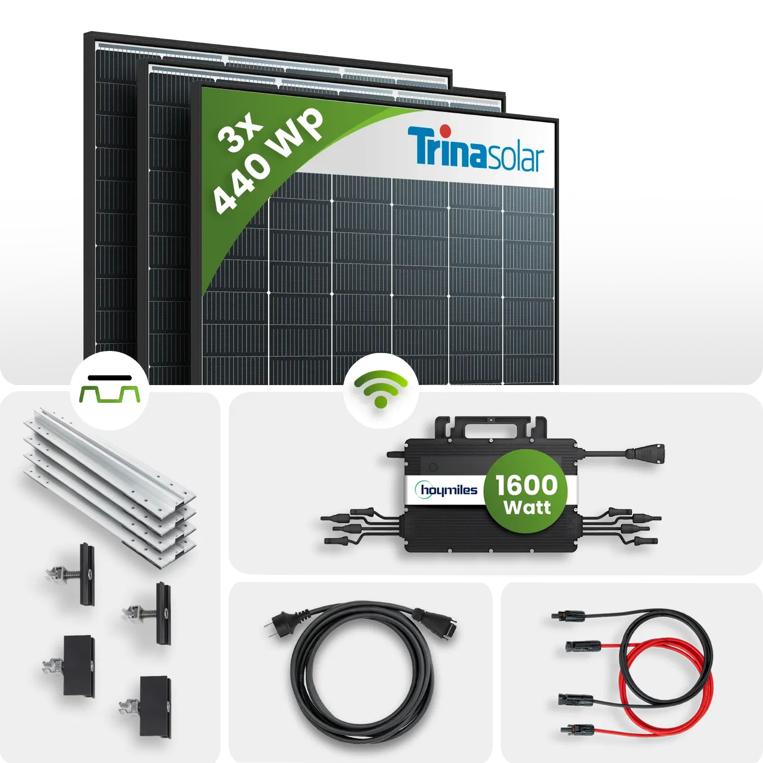 1320Wp Balkonkraftwerk 3x440Wp Trina Bifazial Black Frame Hoymiles HMS-1600W Trapezdachmontage