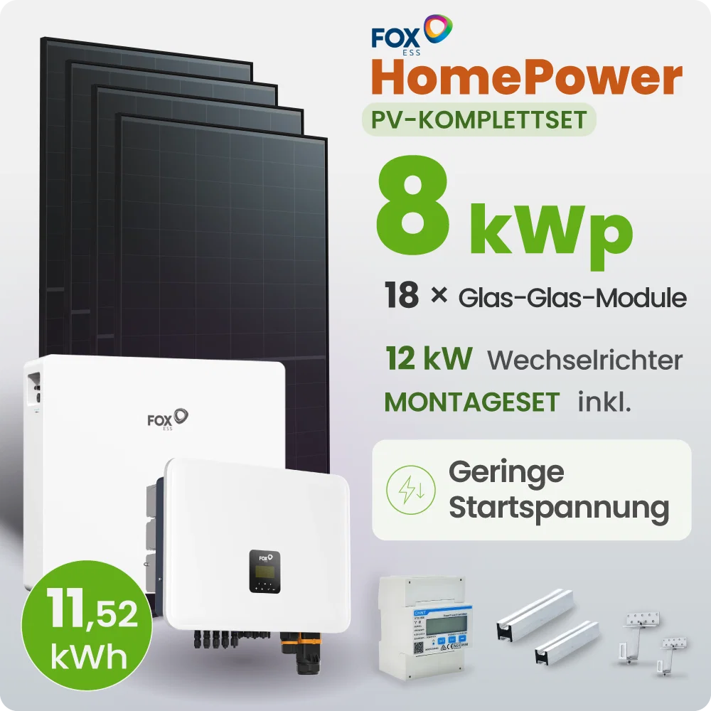 8 kWp FoxEss PV-Anlage 18x 460Wp Glas-Glas Fullblack Schrägdach 11,52kWh Speicher inkl. Smart Meter