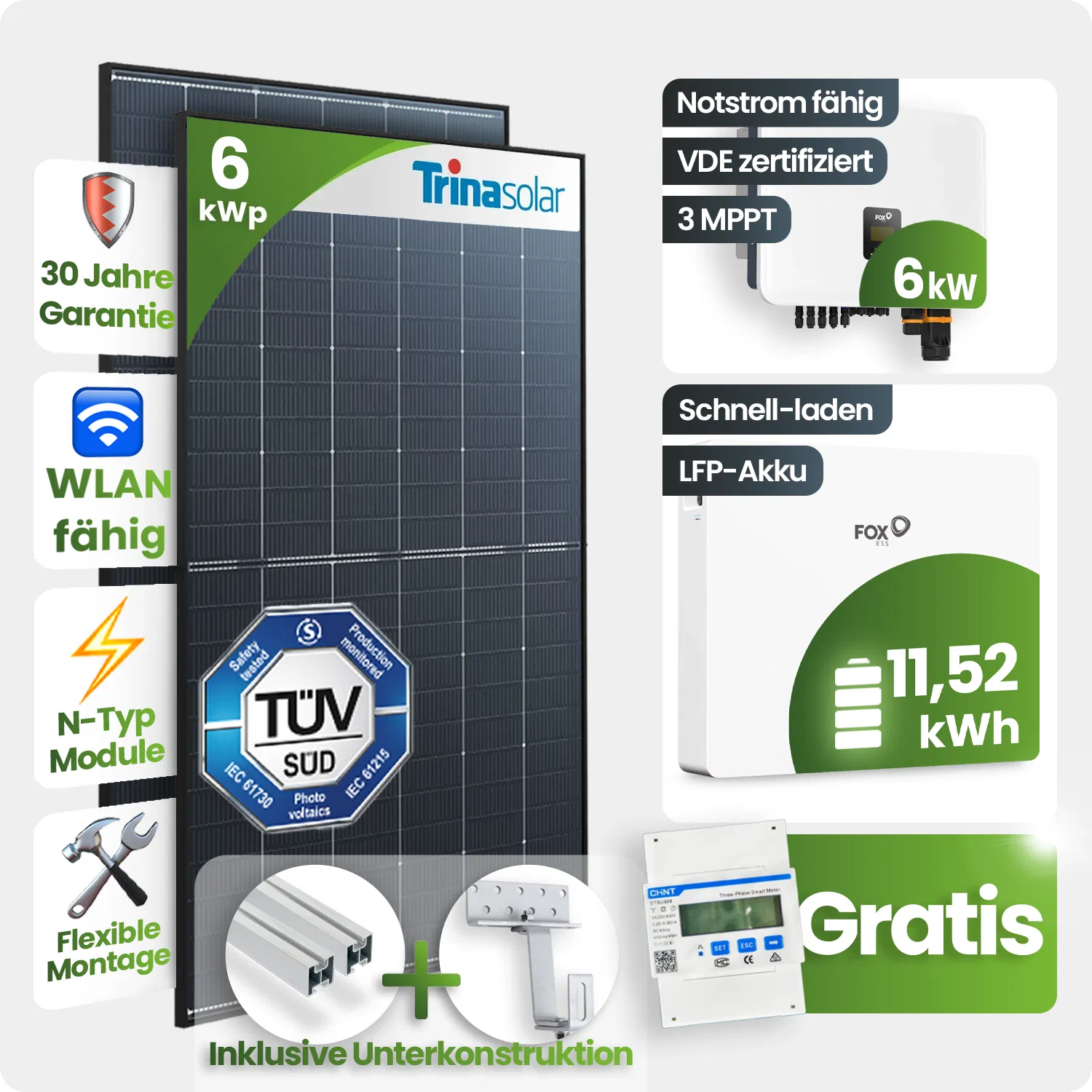 6kWp FoxEss PV-Anlage 13x Trina 455Wp Glas-Glas Black Frame Schrägdachmontage 10 kWh Speicher inkl. Smart Meter