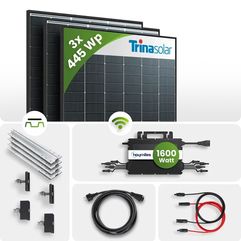 1335Wp Balkonkraftwerk 3x445Wp Trina Bifazial Black Frame Hoymiles HMS-1600W Trapezdachmontage