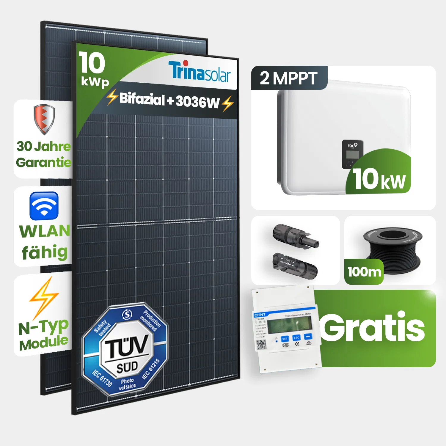 10 kWp FoxEss PV-Anlage 23x Trina 440Wp Bifazial Black Frame Notstromfähig Speicher erweiterbar