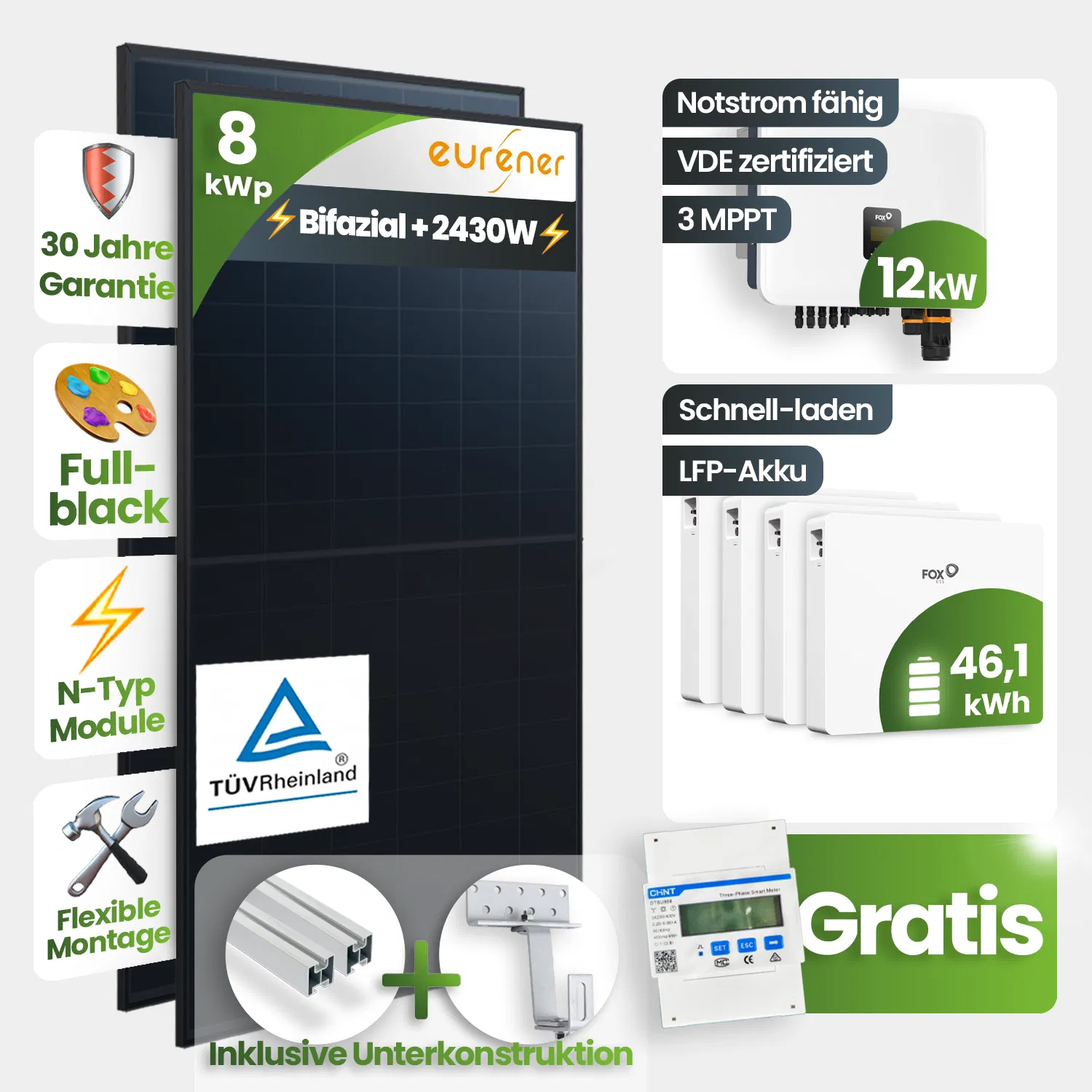 8kWp FoxEss PV-Anlage 18x Eurener 450Wp ULTRA Bifazial Schrägdachmontage 46,08kWh Speicher inkl. Smart Meter