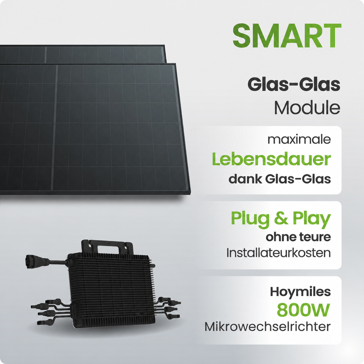 Solarpanel, Glas-Glas Modul, 800W, Mikrowechselrichter, Plug & Play