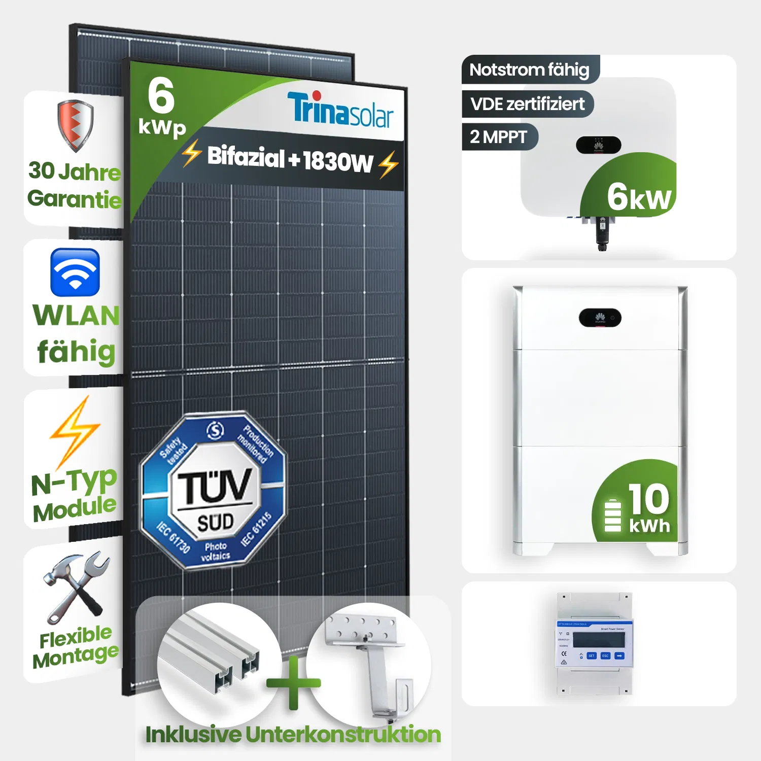 6kWp Huawei PV-Anlage 14x Trina 435Wp Glas-Glas Black Frame Schrägdachmontage 10kWh Speicher