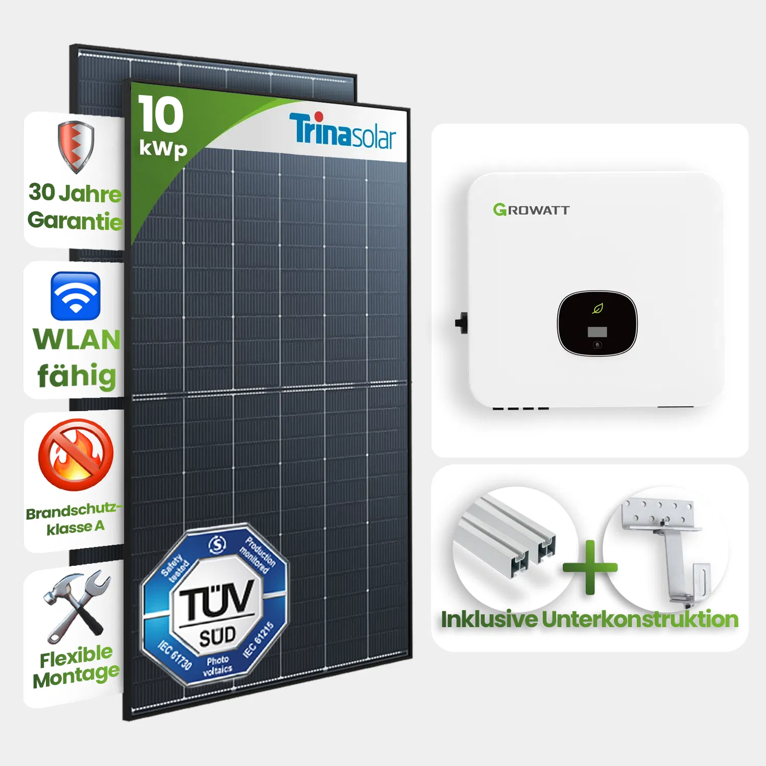 10kWp Growatt PV-Anlage 22x Trina 455Wp Glas-Glas Black Frame Schrägdachmontage 10kWp Growatt PV-Anlage 22x Trina 455Wp Glas-Glas Black Frame Schrägdachmontage