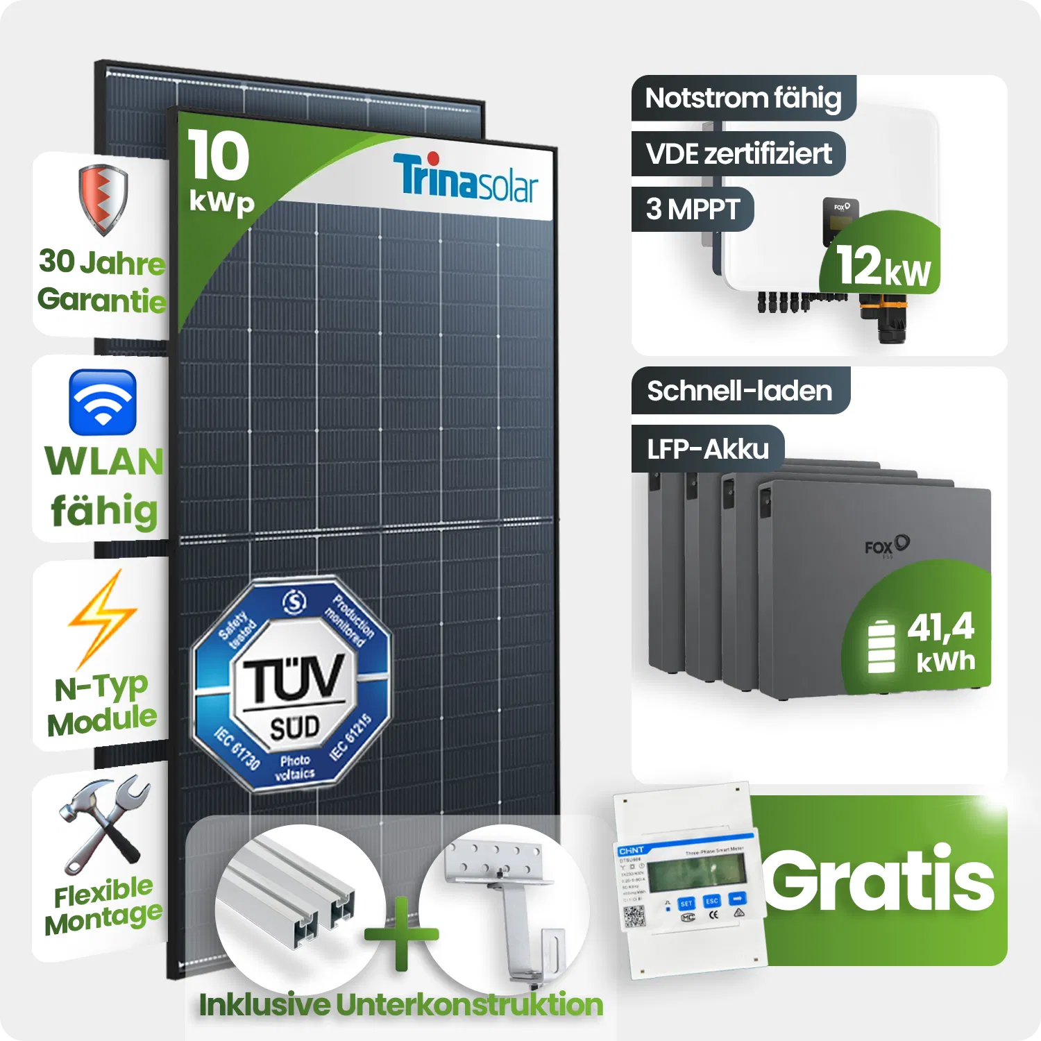 10 kWp FoxEss PV-Anlage 22x Trina 455Wp Glas-Glas 40 kWh Speicher inkl. Smart Meter - Notstromfähig 10 kWp FoxEss PV-Anlage 22x Trina 455Wp Glas-Glas 40 kWh Speicher inkl. Smart Meter - Notstromfähig