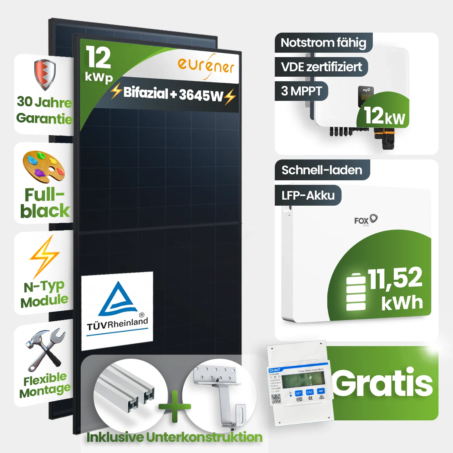 12kWp FoxEss PV-Anlage 27x Eurener 450Wp ULTRA Bifazial Schrägdachmontage 11,52kWh Speicher inkl. Smart Meter 12kWp FoxEss PV-Anlage 27x Eurener 450Wp ULTRA Bifazial Schrägdachmontage 11,52kWh Speicher inkl. Smart Meter