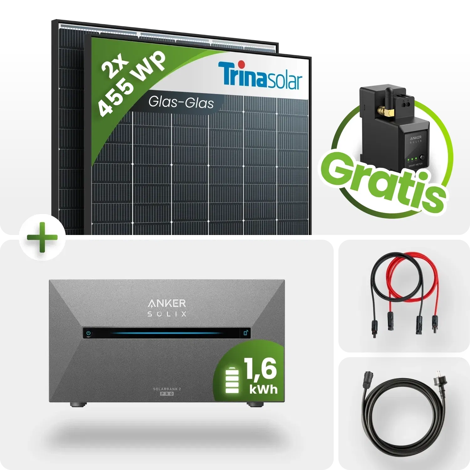 910Wp Balkonkraftwerk 1,6kWh Speicher Anker Solarbank 2 – 2x445Wp Trina Black Frame