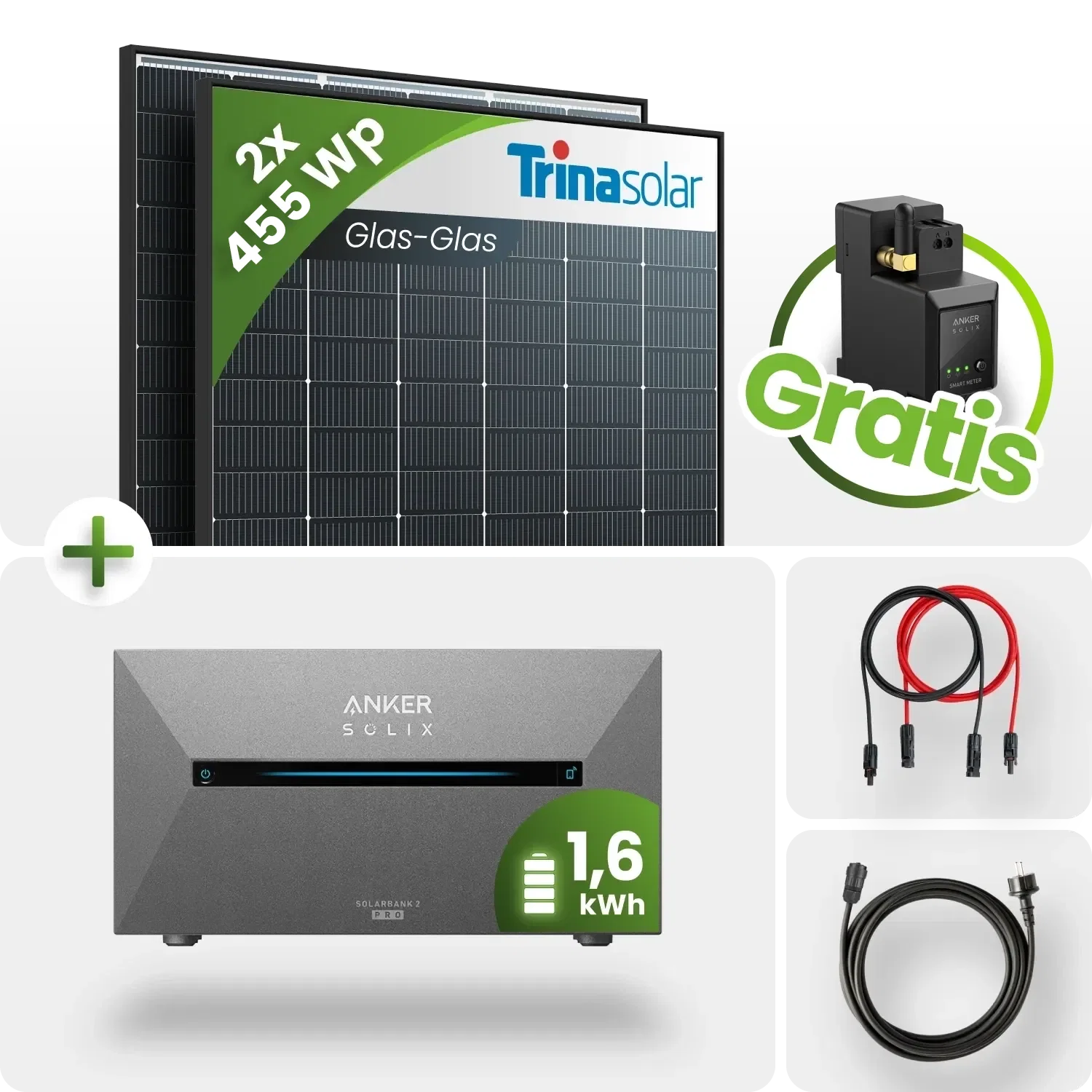 910Wp Balkonkraftwerk 1,6kWh Speicher Anker Solarbank 2 – 2x445Wp Trina Black Frame