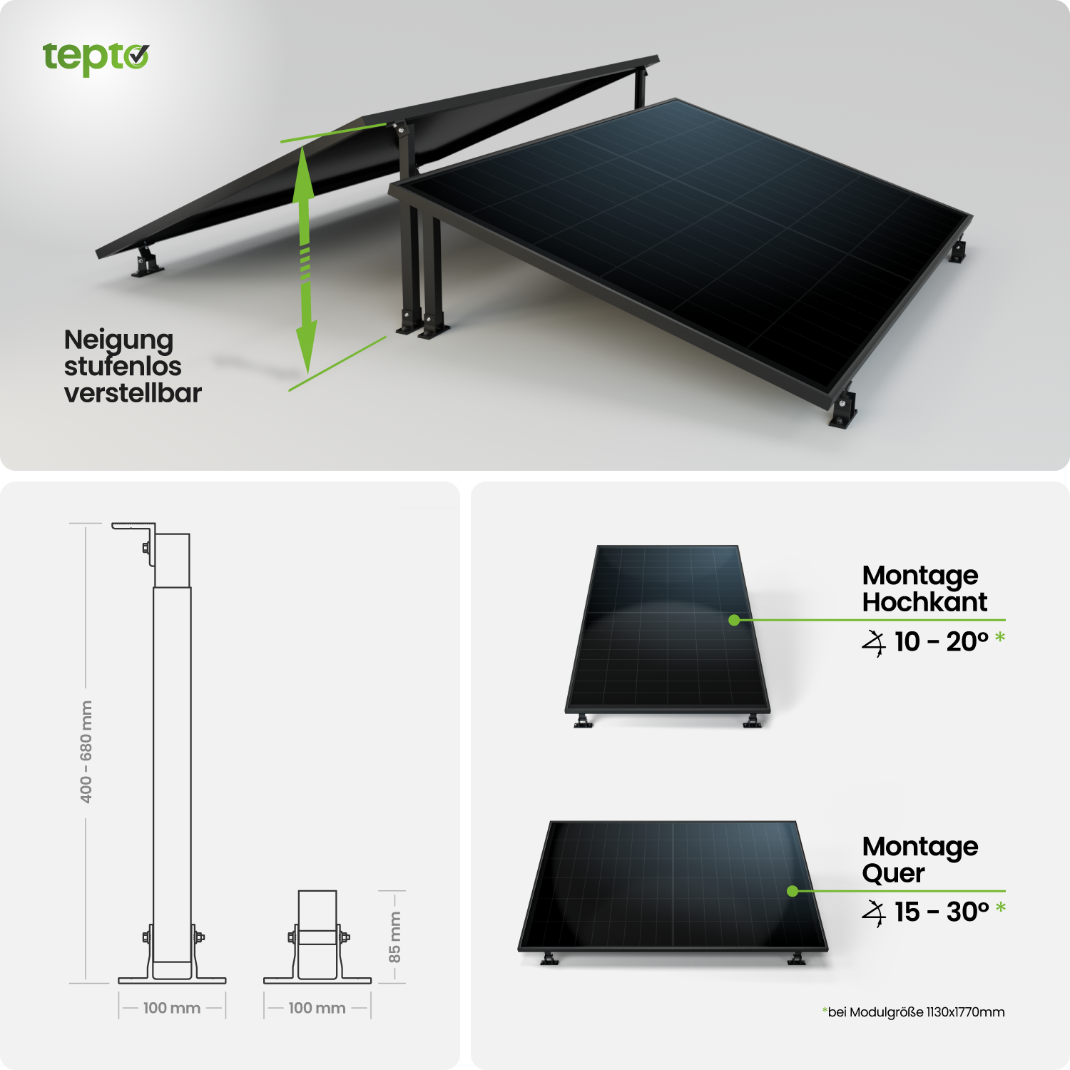 Solarmodul, Solaranlage, Montagehöhe, Montage Hochkant, Module großflächig