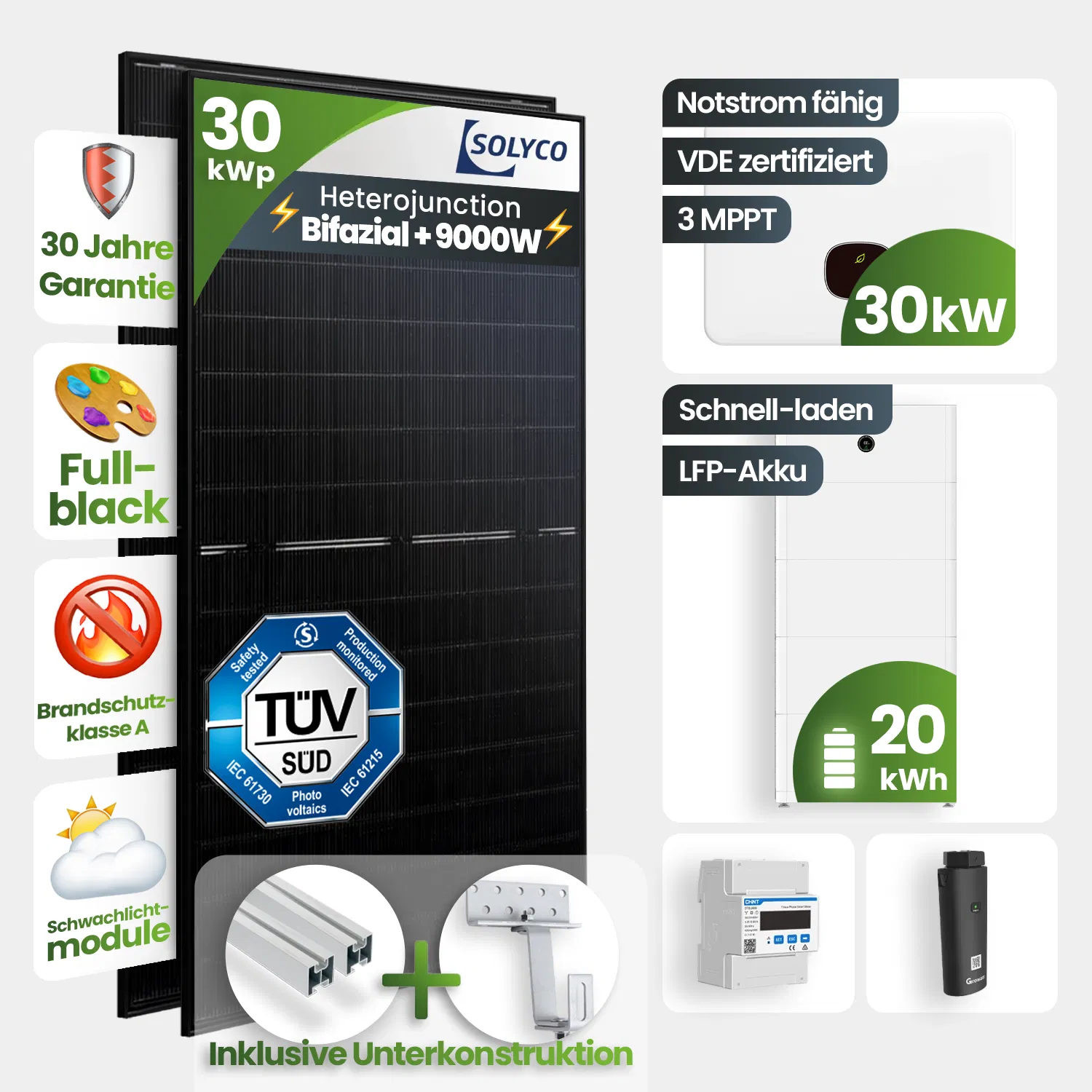 30 kWp Growatt PV-Anlage 60x Solyco 500Wp Bifazial Fullblack mit 20 kWh Speicher