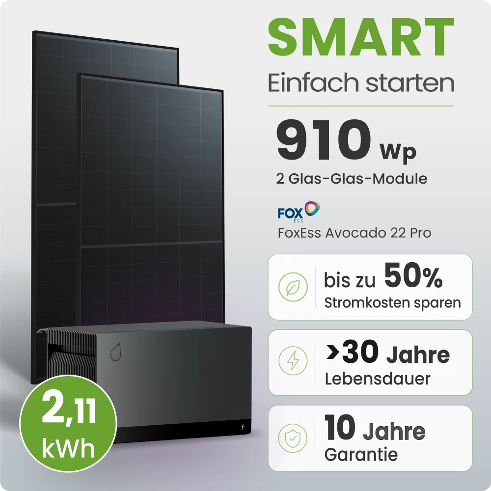 Tepto 910W Balkonkraftwerk Smart mit FoxEss Avocado 22 Pro 2,11kWh Speicher