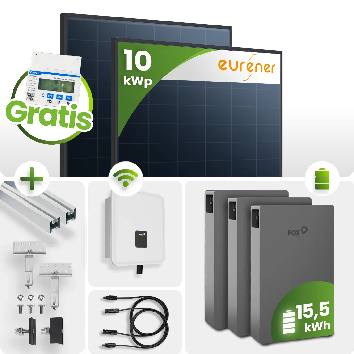 10kWp FoxEss PV-Anlage 22x Eurener 450Wp ULTRA Bifazial Schrägdachmontage 15kWh Speicher inkl. Smart Meter 10kWp FoxEss PV-Anlage 22x Eurener 450Wp ULTRA Bifazial Schrägdachmontage 15kWh Speicher inkl. Smart Meter