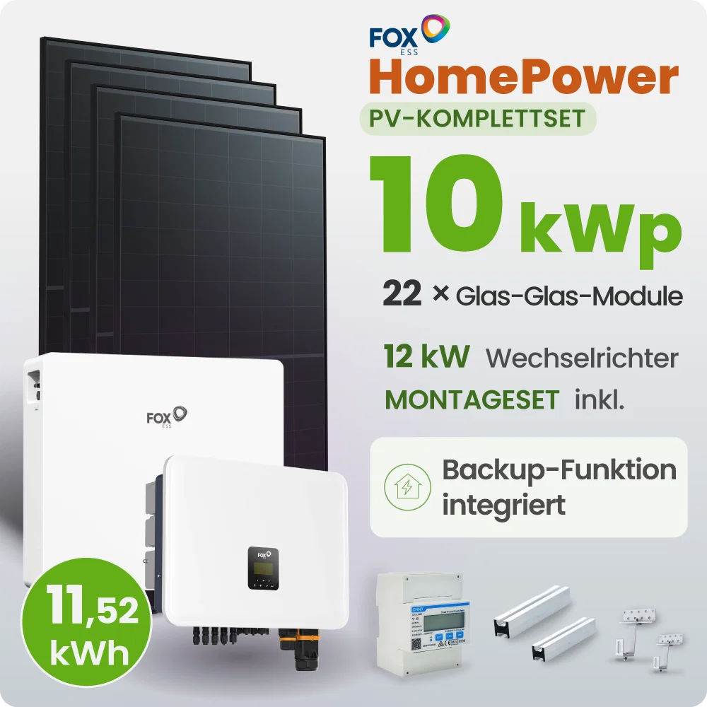 10 kWp FoxEss PV-Anlage 22x 460Wp Glas-Glas Fullblack 11,52kWh Speicher inkl. Smart Meter - Notstromfähig