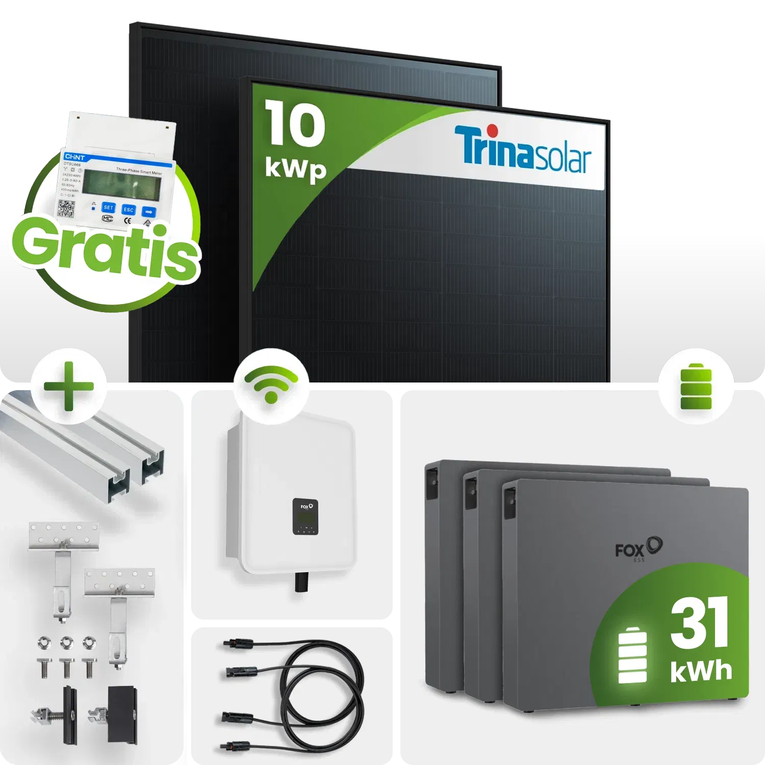 10 kWp FoxEss PV-Anlage 22x Trina 455Wp Glas-Glas 30 kWh Speicher inkl. Smart Meter - Notstromfähig 10 kWp FoxEss PV-Anlage 22x Trina 455Wp Glas-Glas 30 kWh Speicher inkl. Smart Meter - Notstromfähig