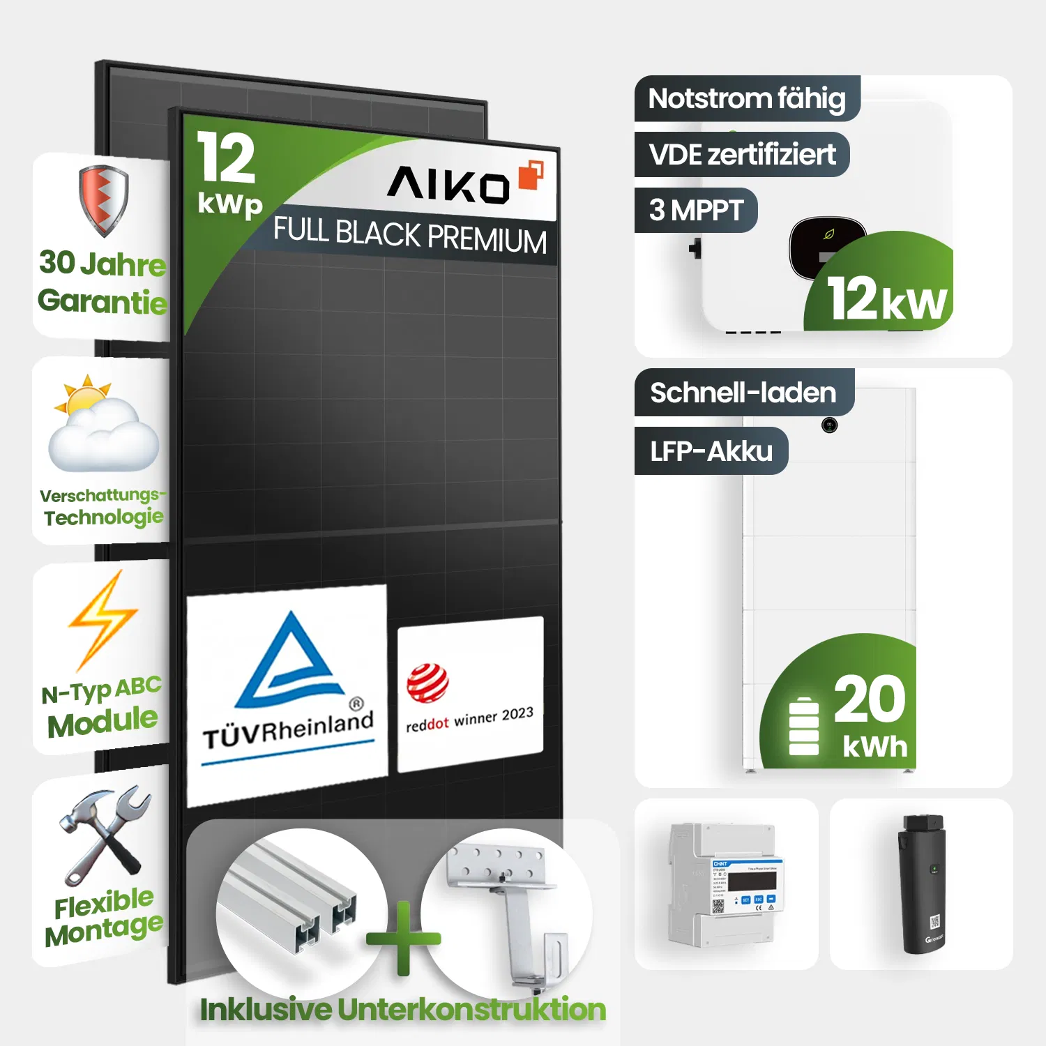 12 kWp Growatt PV-Anlage 26x Aiko 460Wp Glas-Glas Fullblack mit 20kWh Speicher 12 kWp Growatt PV-Anlage 26x Aiko 460Wp Glas-Glas Fullblack mit 20kWh Speicher