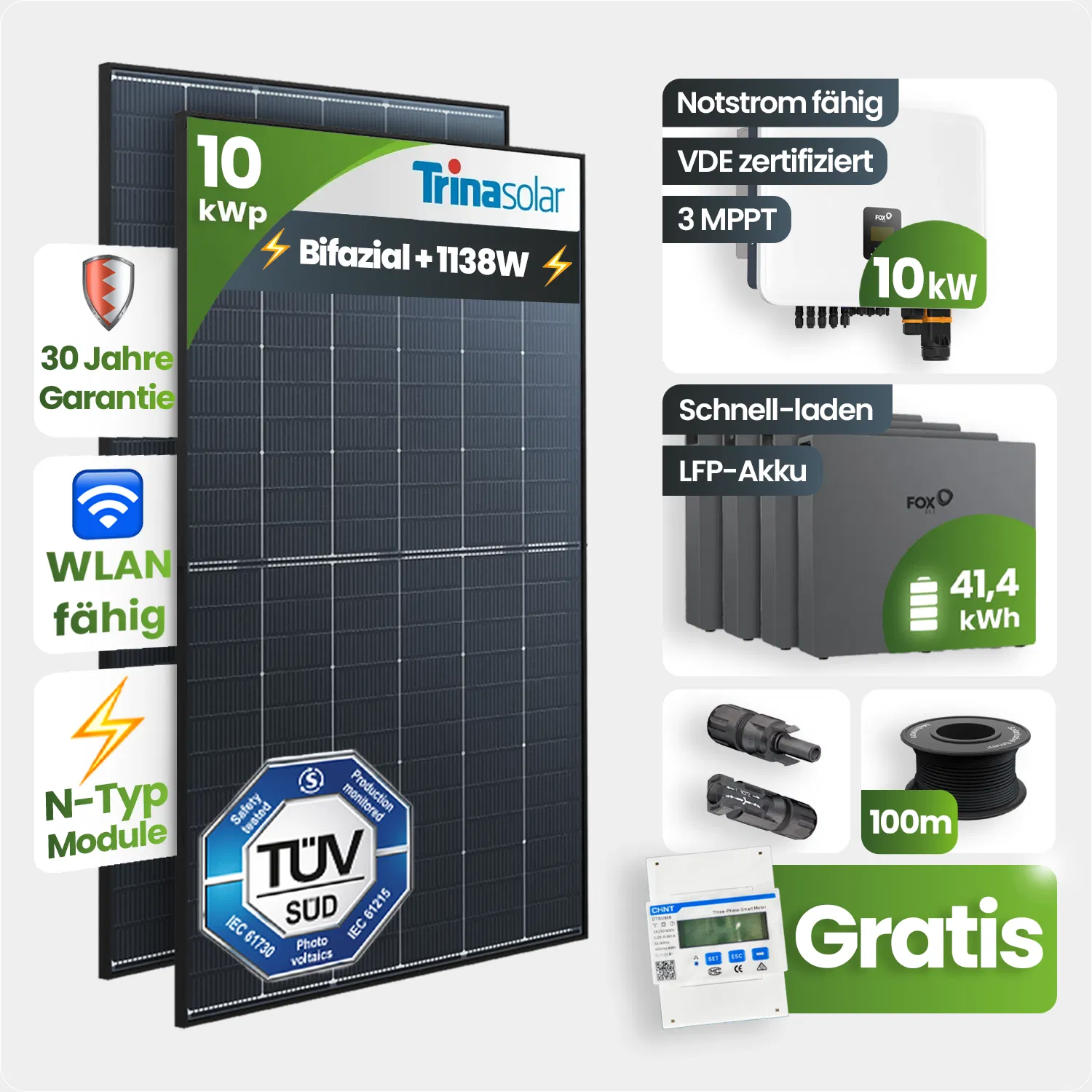 10 kWp FoxEss PV-Anlage 23x Trina 435Wp Bifazial Black Frame 40kWh Speicher Notstromfähig Speicher erweiterbar 10 kWp FoxEss PV-Anlage 23x Trina 435Wp Bifazial Black Frame 40kWh Speicher Notstromfähig Speicher erweiterbar
