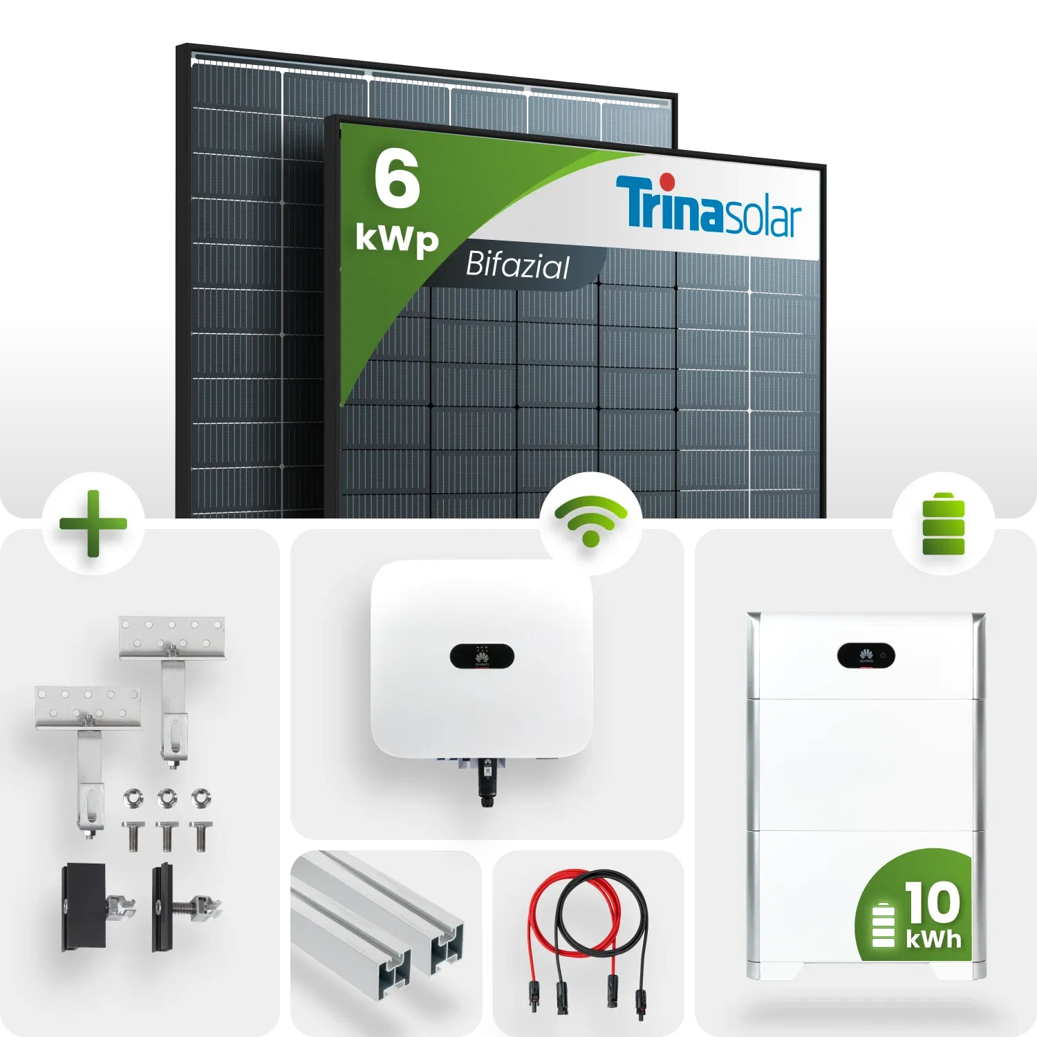 6kWp Huawei PV-Anlage 14x Trina 435Wp Glas-Glas Black Frame Schrägdachmontage 10kWh Speicher 6kWp Huawei PV-Anlage 14x Trina 435Wp Glas-Glas Black Frame Schrägdachmontage 10kWh Speicher
